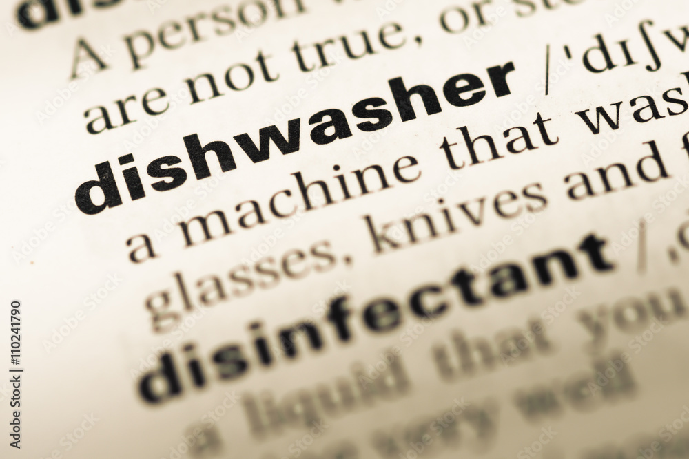 Close up of old English dictionary page with word dishwasher Close up of old English dictionary page with word dishwasher