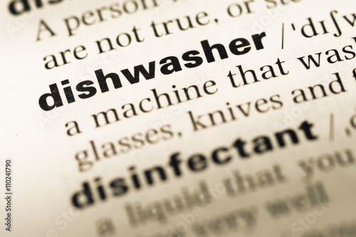 Close up of old English dictionary page with word dishwasher