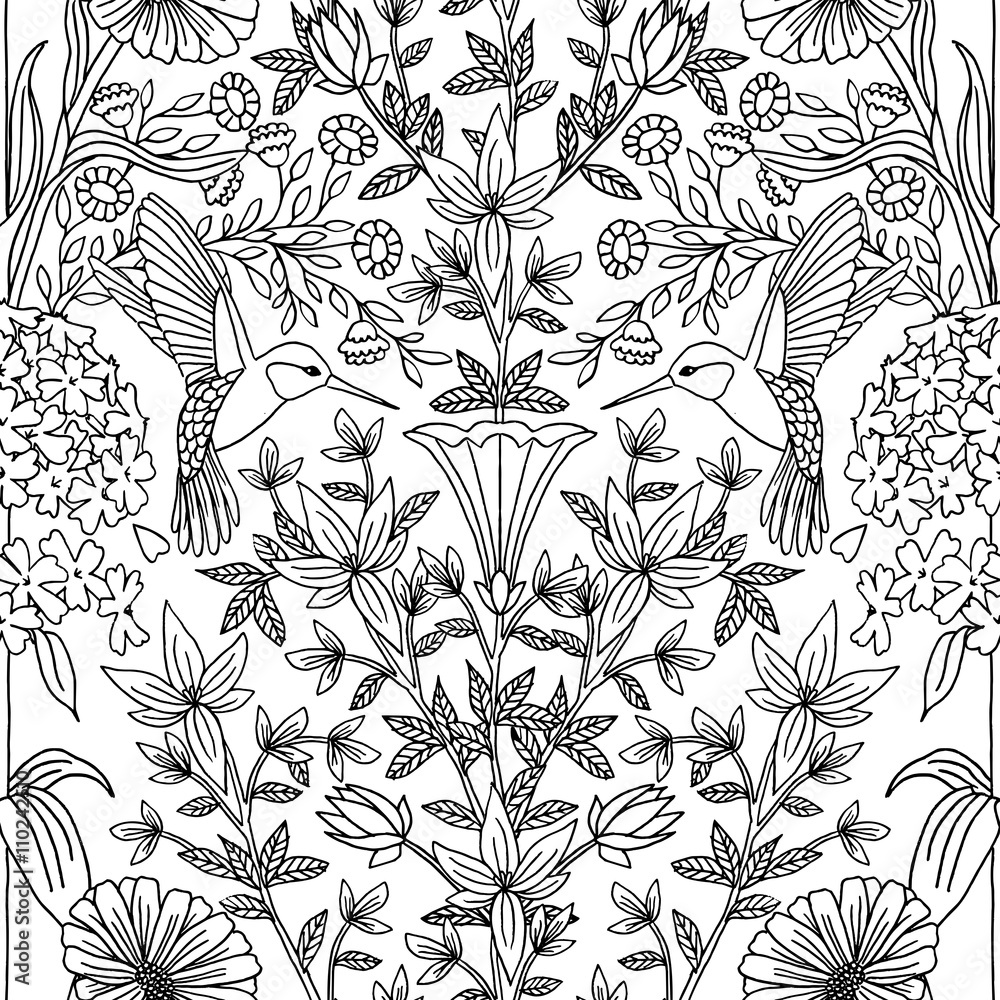 Fototapeta premium Hand drawn seamless black and white pattern with hummingbirds and flowers