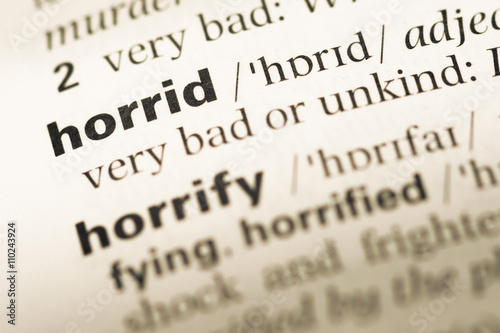 Canvas Print Close up of old English dictionary page with word horrid