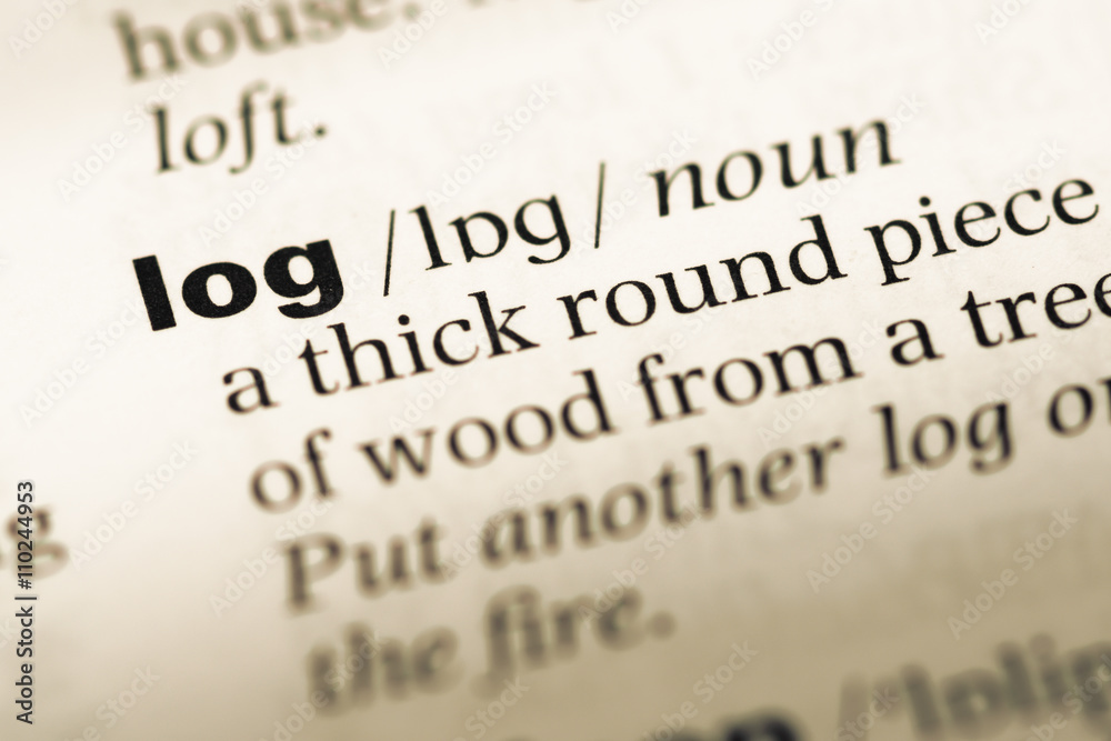 Obraz premium Close up of old English dictionary page with word log