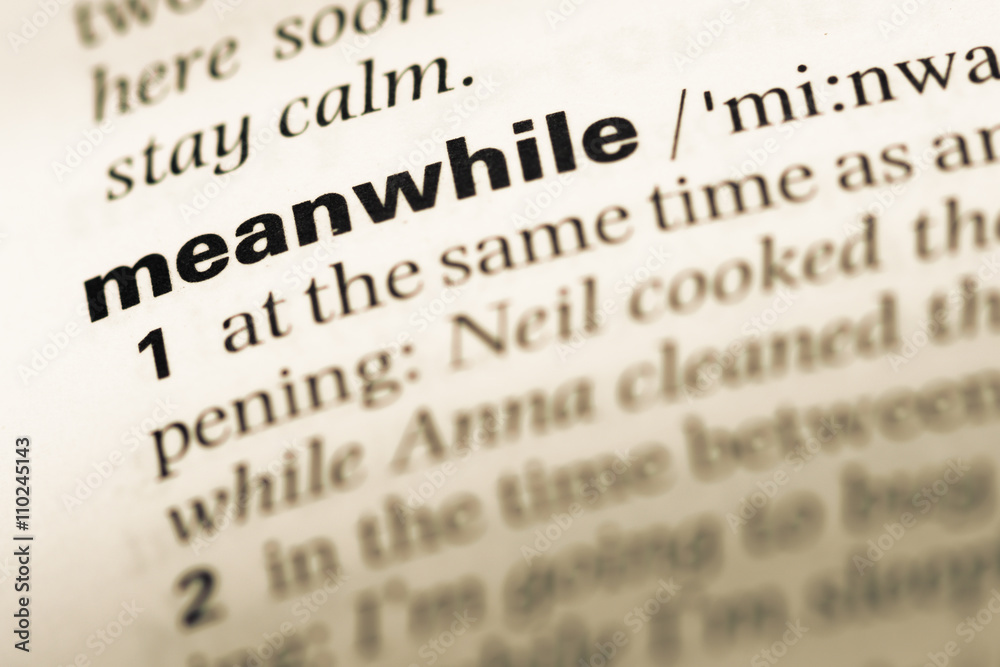 Close up of old English dictionary page with word meanwhile Close up of old English dictionary page with word meanwhile