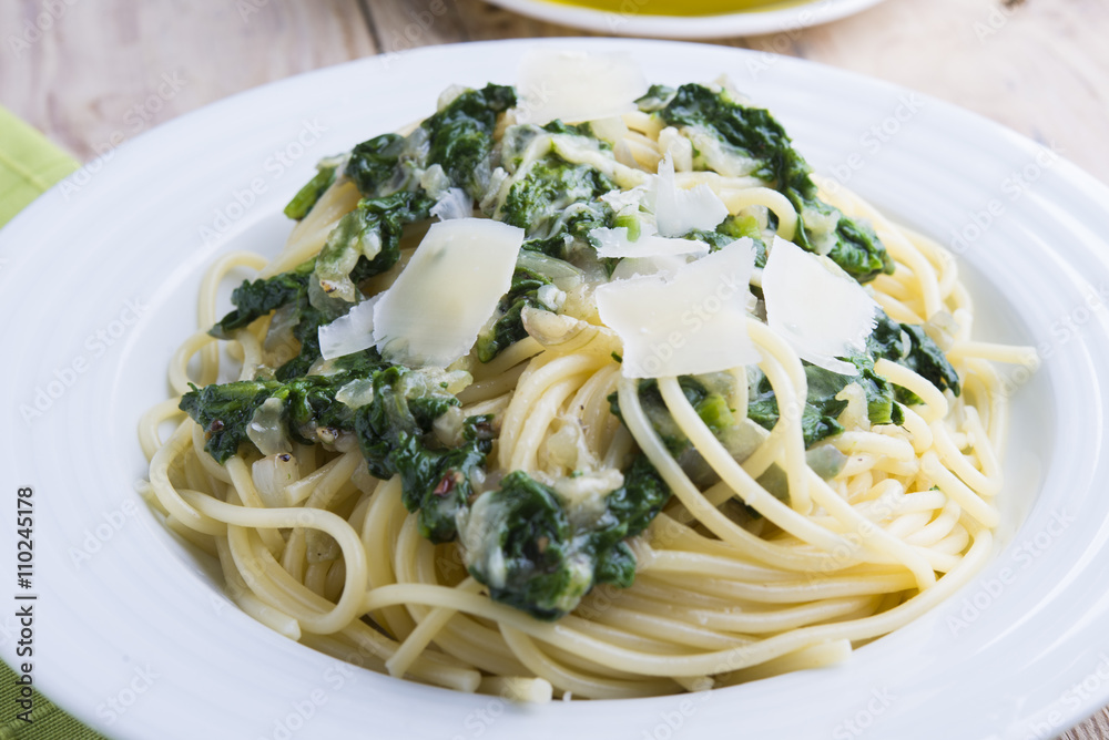 Spaghettis with spinach and Parmesan. Spaghettis with spinach and Parmesan.