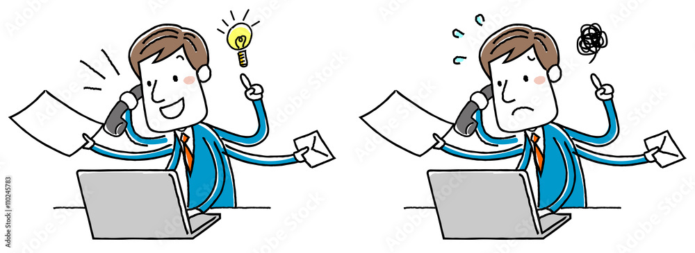 イラスト素材 ビジネスマン 忙しい マルチタスク パソコン バリエーション Stock Vector Adobe Stock