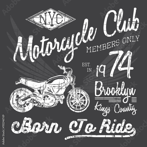 T-shirt typography design, motorcycle vector, NYC printing graphics, typographic vector illustration, New York riders graphic design for label or t-shirt print, Badge, Applique