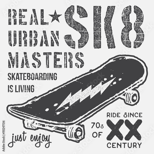 T-shirt typography design, skateboard printing graphics, typographic skateboarding vector illustration, Urban skaters graphic design for label or t-shirt print, Badge, Applique