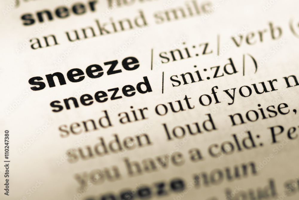 Close up of old English dictionary page with word sneeze Close up of old English dictionary page with word sneeze