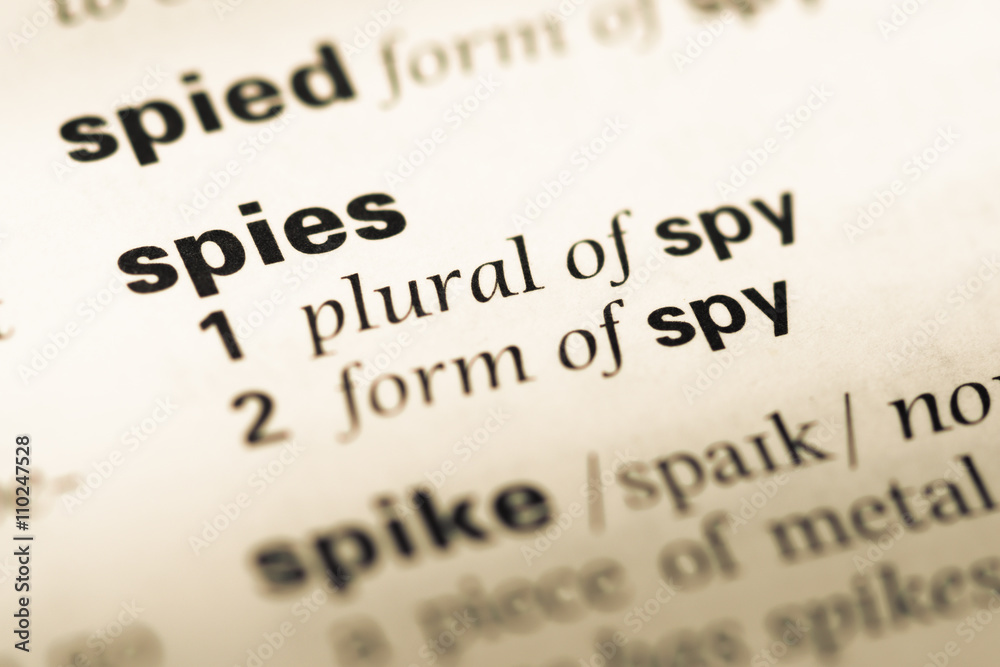Close up of old English dictionary page with word spies Close up of old English dictionary page with word spies