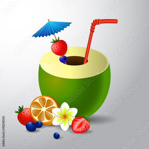 Fresh drinking coconut with a straw