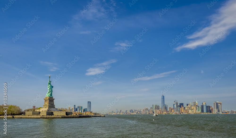 Panorama View of Statue of Liberty, Ellis Island and lower Manhatten