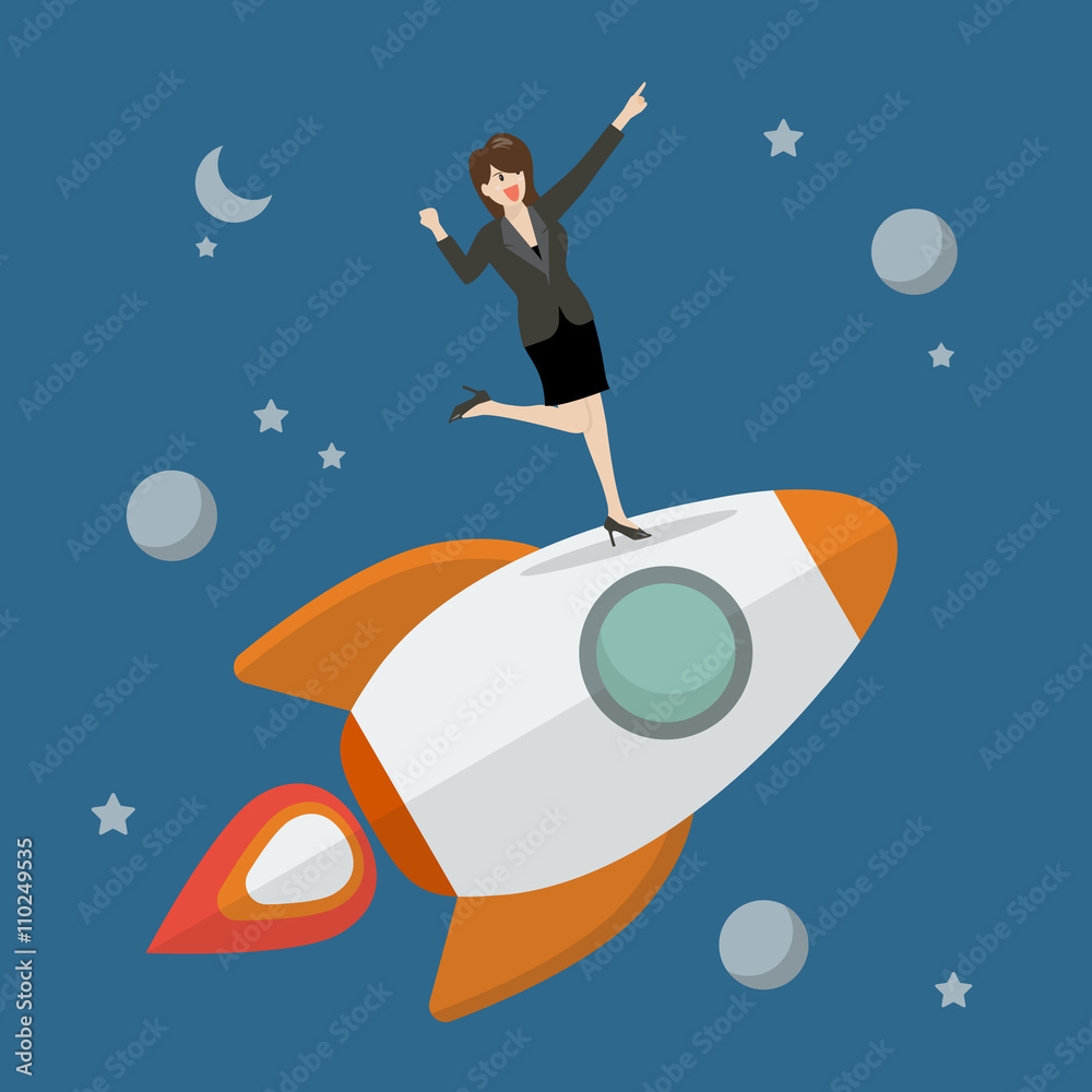 Business woman standing on a rocket