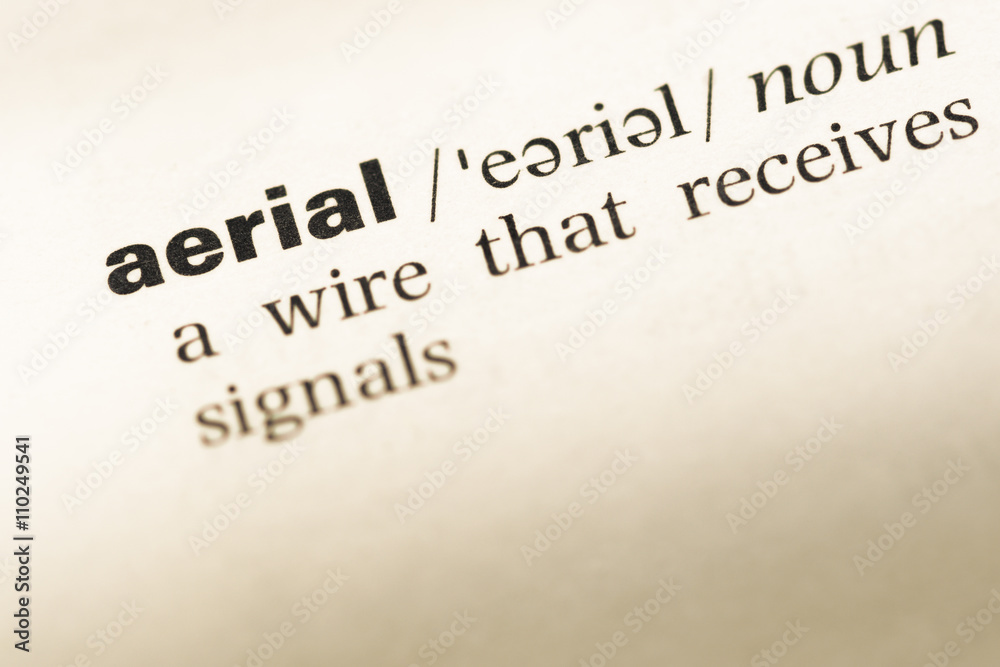 Obraz premium Close up of old English dictionary page with word aerial