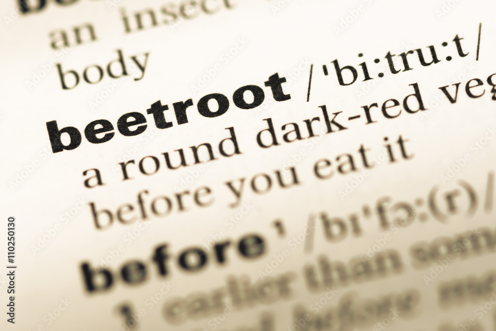Close up of old English dictionary page with word beetroot Close up of old English dictionary page with word beetroot