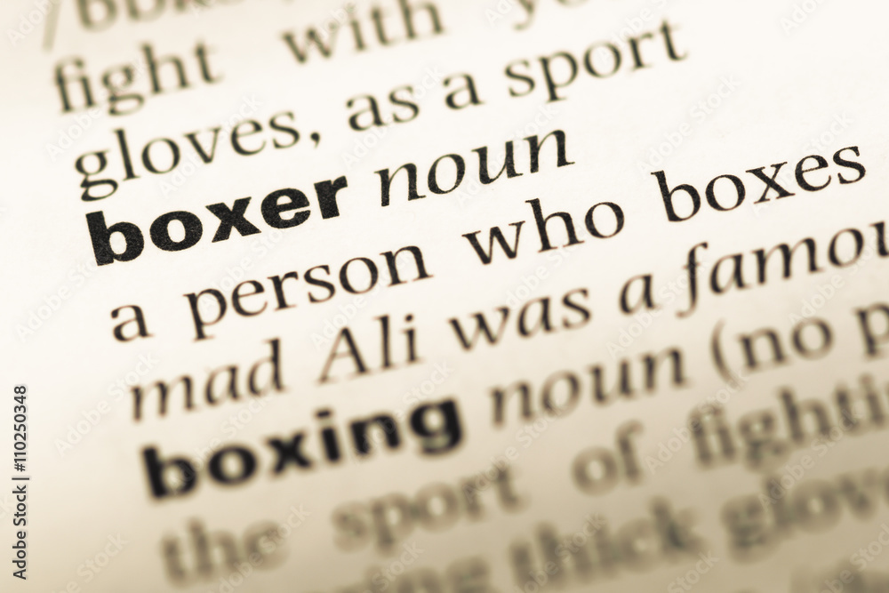 Close up of old English dictionary page with word boxer Close up of old English dictionary page with word boxer