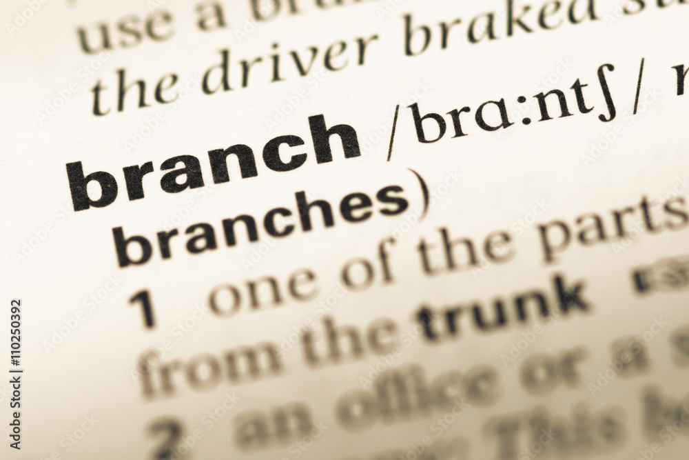 Close up of old English dictionary page with word branch Close up of old English dictionary page with word branch