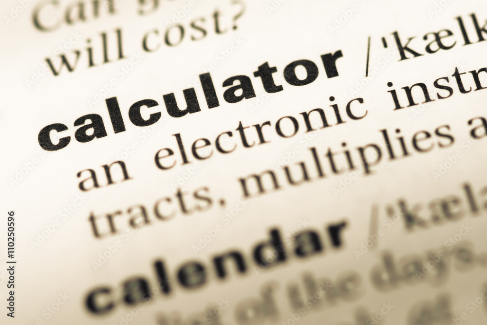 Close up of old English dictionary page with word calculator Close up of old English dictionary page with word calculator