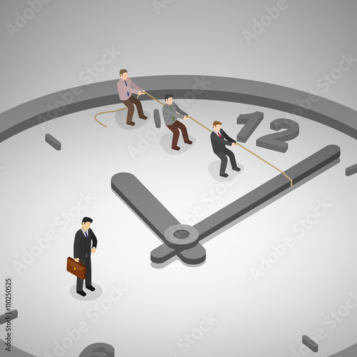 A group of businessman trying to turn back time by pulling on a