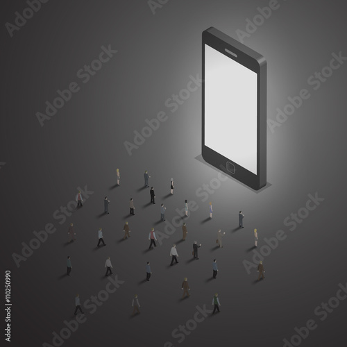 people walking to smart phone. smart phone business concept. iso