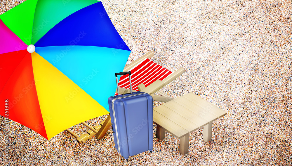 Beach chair, table, luggage and multy colored umbrella. Beach chair, table, luggage and multy colored umbrella.