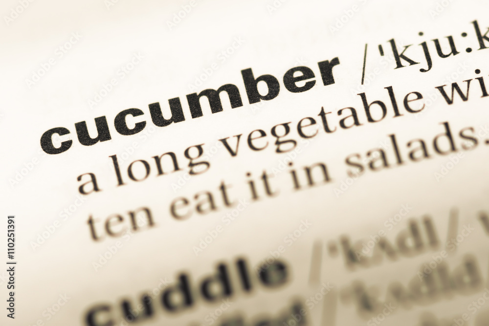 Close up of old English dictionary page with word cucumber Close up of old English dictionary page with word cucumber