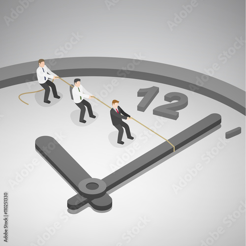 A group of businessman trying to turn back time by pulling on a