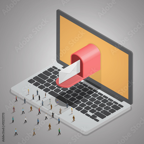 People walking to laptop and E-mail. Mail delivery from Computer