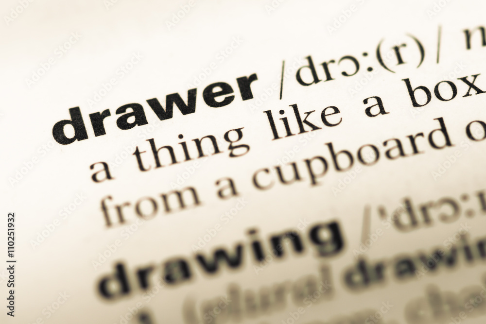 Close up of old English dictionary page with word drawer Close up of old English dictionary page with word drawer