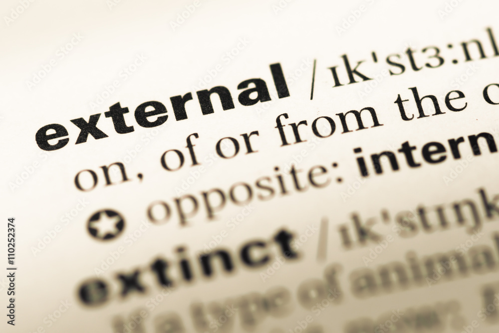 Close up of old English dictionary page with word external