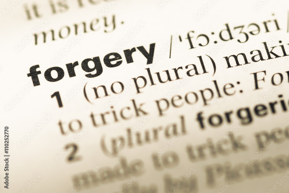 Close up of old English dictionary page with word forgery Close up of old English dictionary page with word forgery