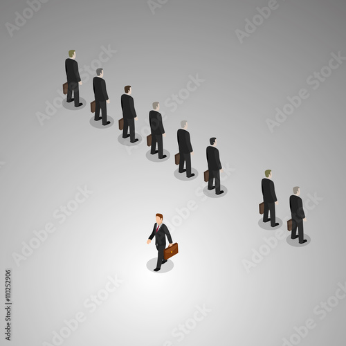 A businessman with different business concept walks away from others people to new innovation.