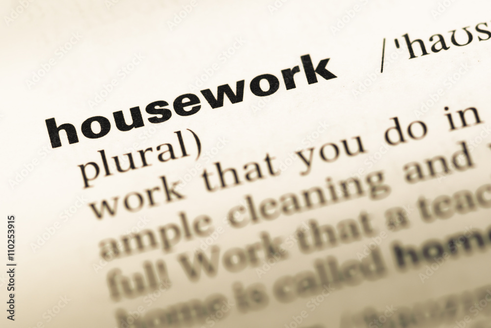 Close up of old English dictionary page with word housework Close up of old English dictionary page with word housework