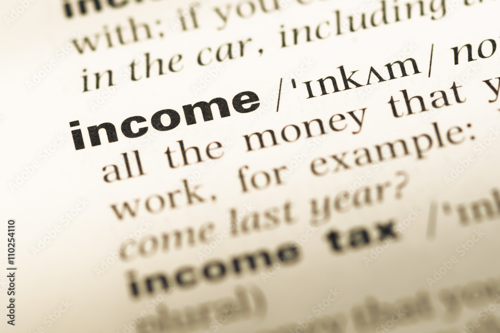 Close up of old English dictionary page with word income Close up of old English dictionary page with word income