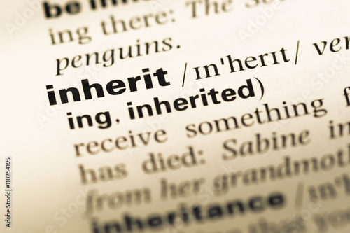 Close up of old English dictionary page with word inherit