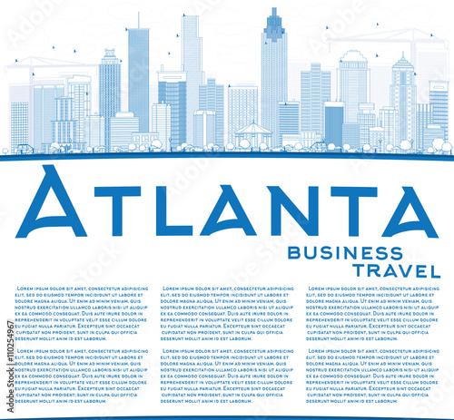 Outline Atlanta Skyline with Blue Buildings and Copy Space.