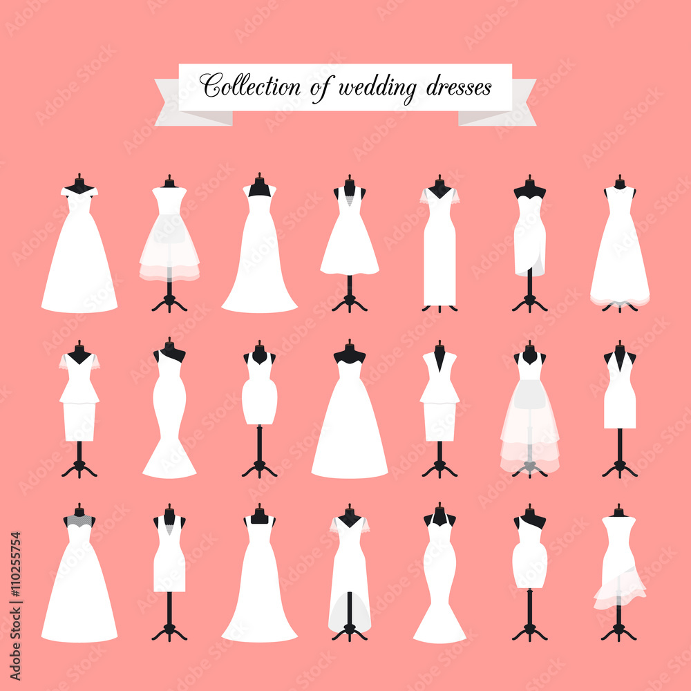 Wedding dresses. Fashion bride dress for bridal shower invitation. Vector illustration