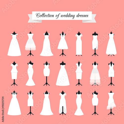 Wedding dresses. Fashion bride dress for bridal shower invitation. Vector illustration