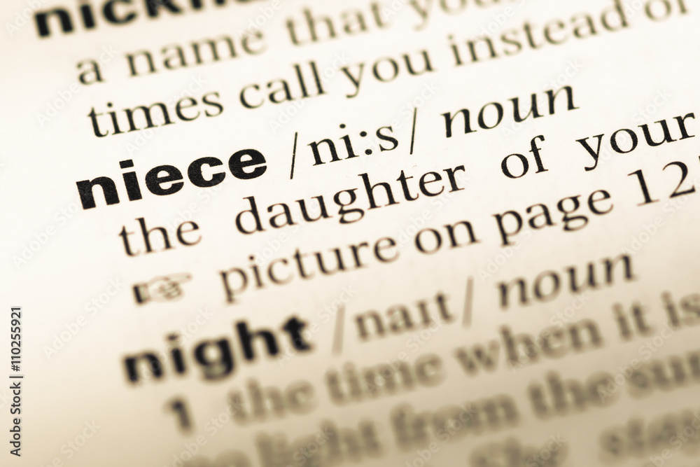 Close up of old English dictionary page with word niece Close up of old English dictionary page with word niece
