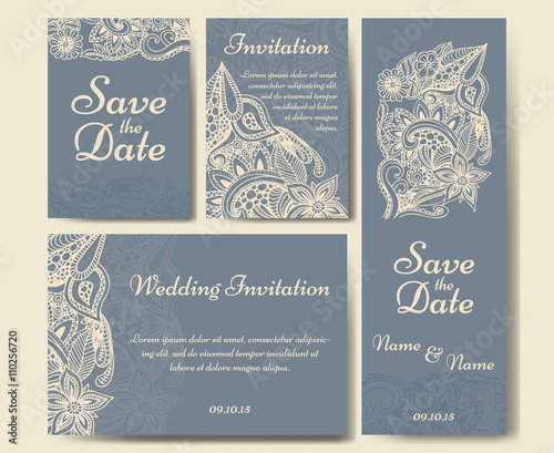 Set of wedding invitations. Wedding cards template with individual concept. Design for invitation, thank you card, save the date card.