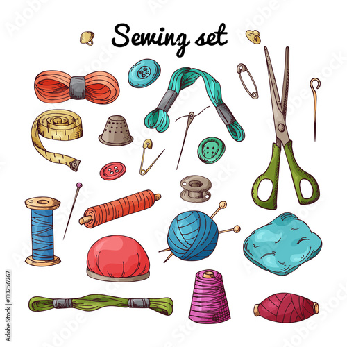 Vector set with sewing equipment. Hand drawn tailor tools.