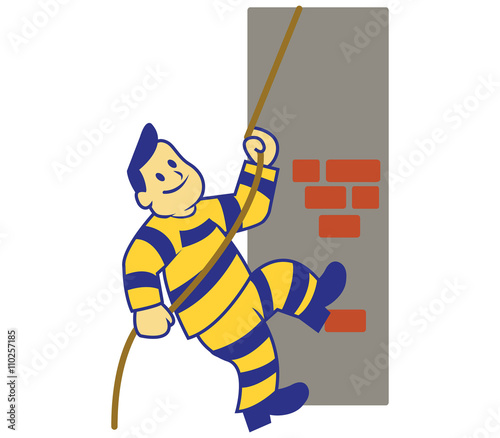 A vector illustration of escaping prisoner from the jail. Climb the wall using rope.
