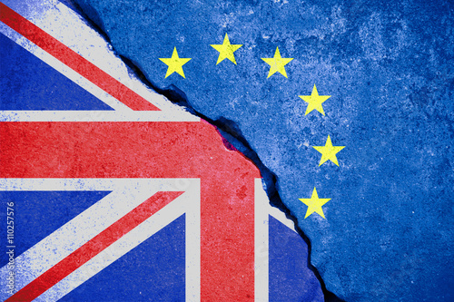 brexit blue european union EU flag on broken wall and half great britain flag