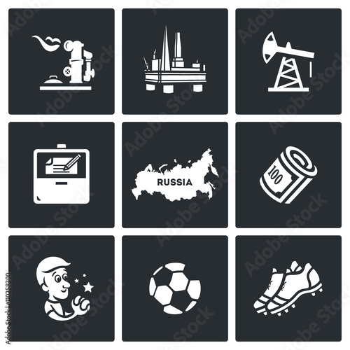 Vector Set of Russia Icons. Gas, Oil, Contract, Territory, Money, Man,  Football, Shoes.