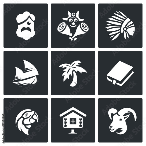 Vector Set of Life on Desert Island Icons. Robinson Crusoe, Aborigine, Friday, Sailing, Palma, Roman, Parrot, Hut, Goat.