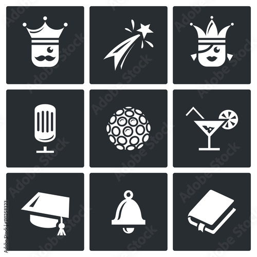 Vector Set of Prom Icons. King, Firework, Queen, Equipment, Disco, Alcohol, Master, Last Call, Scenario.