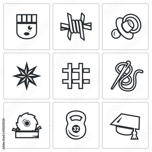 Vector Set of Prison Icons. Prisoner, Isolation, Supervision, Tattoo, Cell, Sewing, Woodworking, Sport, Education.
