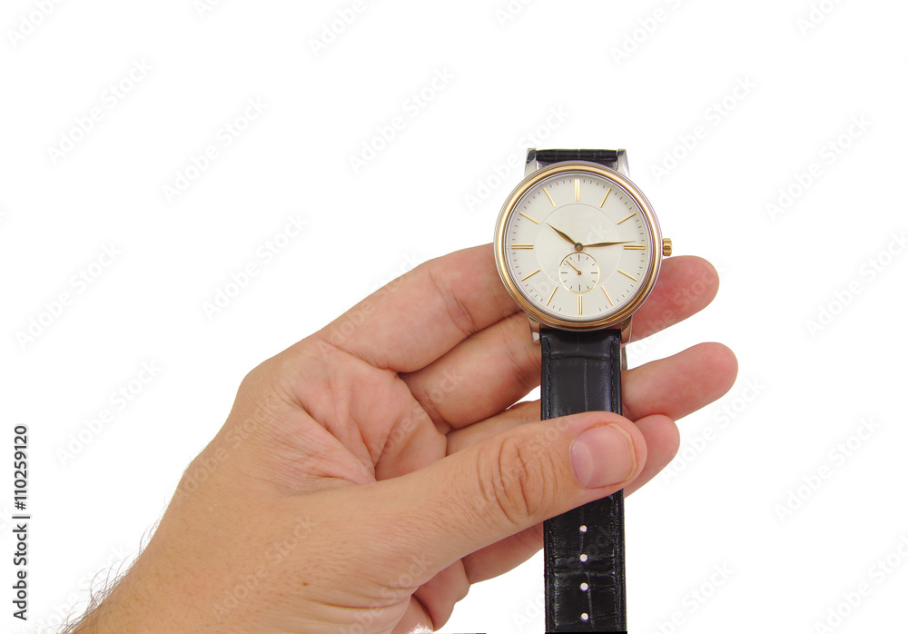 Man hand with watch isolated on white background