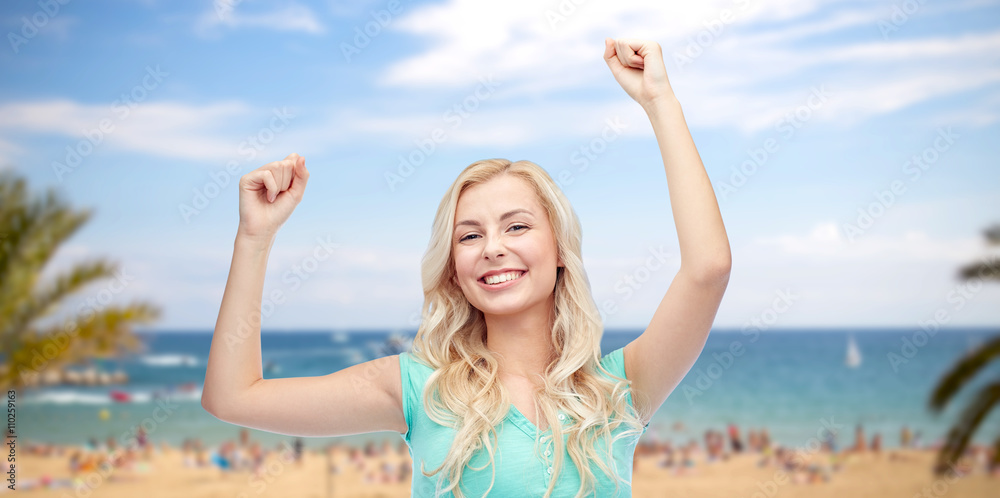happy young woman or teen girl celebrating victory happy young woman or teen girl celebrating victory