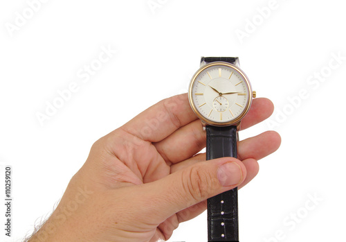 Man hand with watch isolated on white background