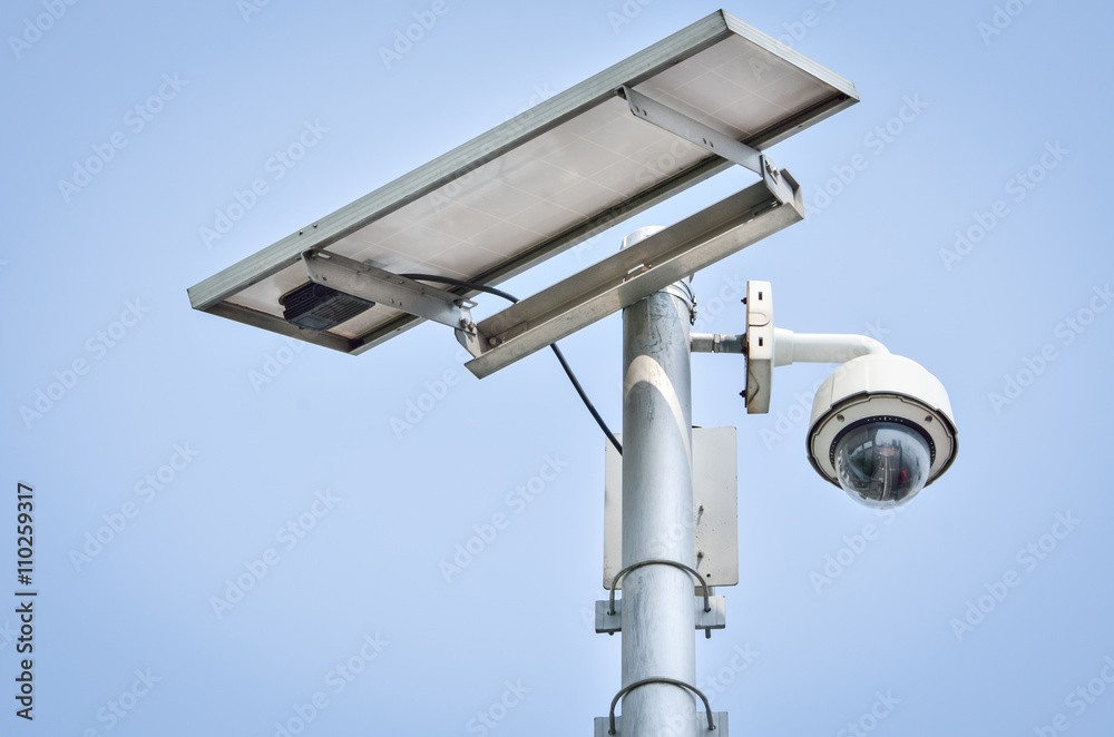CCTV camera security with Solar panel in a big city