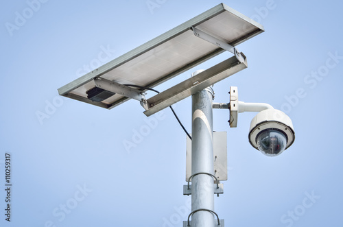 CCTV camera security with Solar panel in a big city